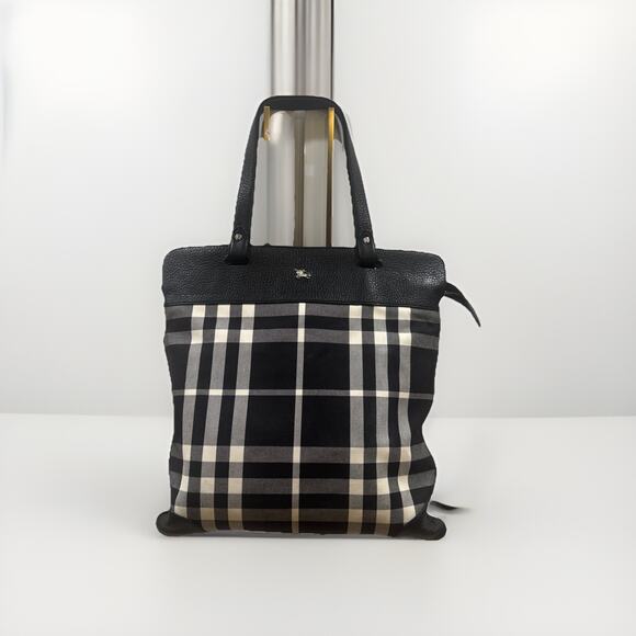 Burberry Stowell Large Black White Plaid Tote With Fuchsia Interior - Picture 1 of 14